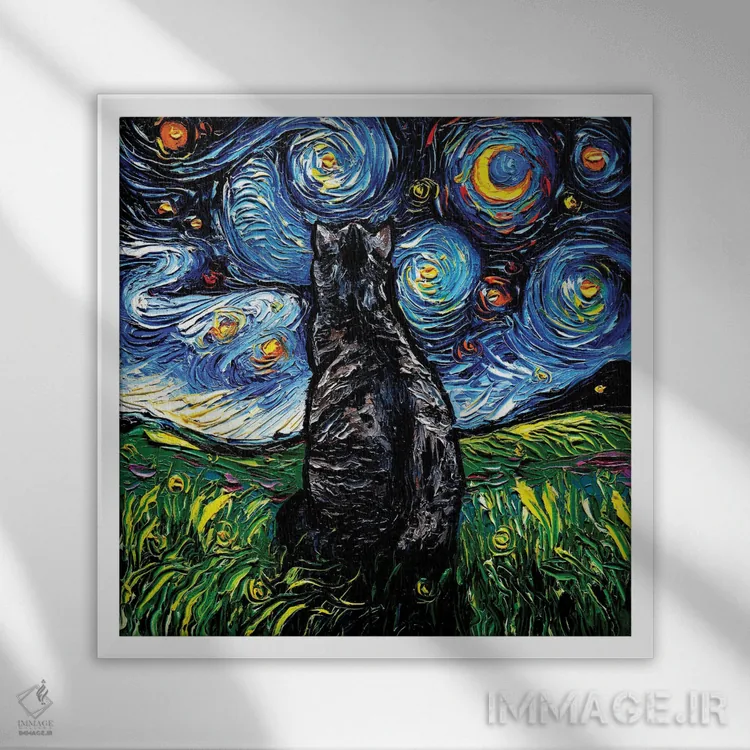 تابلو شب گربه خاکستری راهراه اثر آجا تریر - نمای قابدار سفید