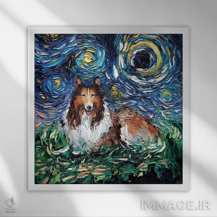 تابلو شب کولی (نژاد سگ) اثر آجا تریر - نمای قابدار سفید