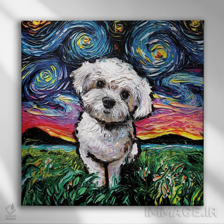 تابلو شب مالتیپو (ترکیب مالتیز و پودل) اثر آجا تریر - نمای روبهرو روی دیوار