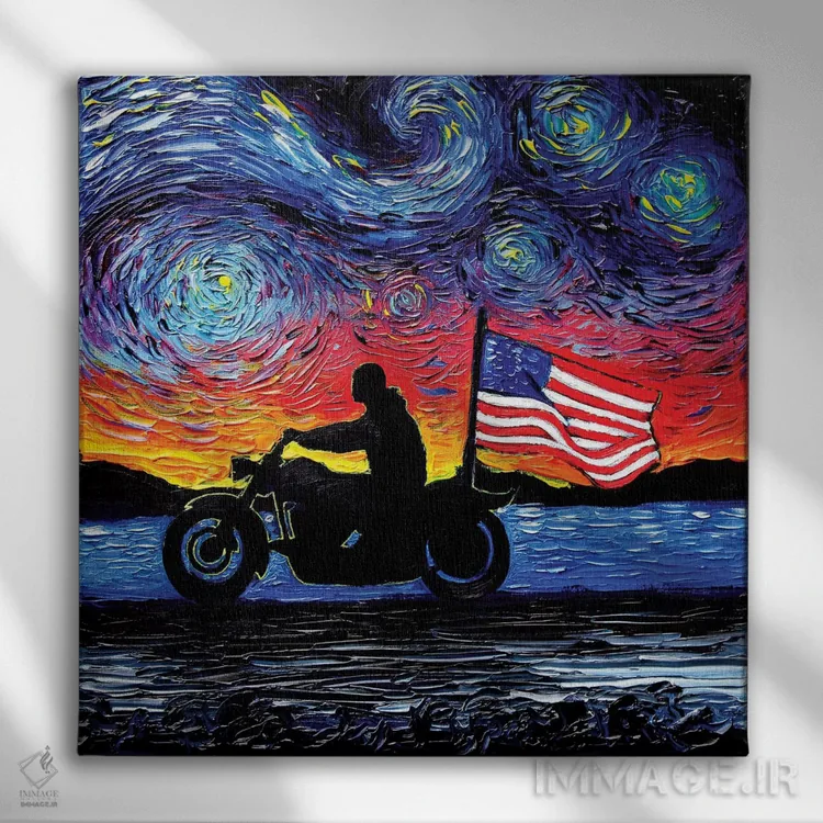 تابلو سوارکار آسان (یا: موتورسوار آزاد) اثر آجا تریر - نمای روبهرو روی دیوار