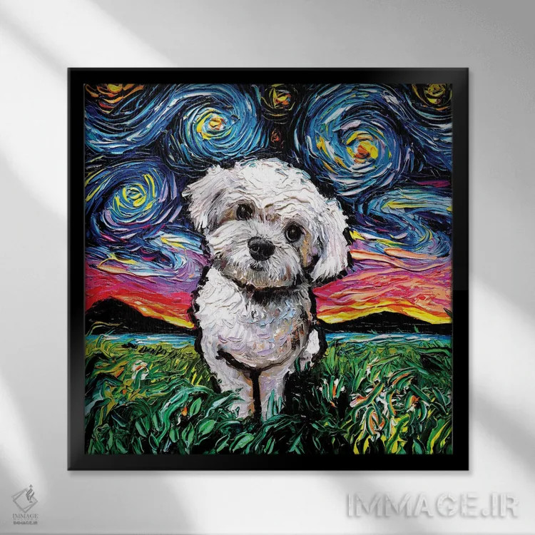 تابلو شب مالتیپو (ترکیب مالتیز و پودل) اثر آجا تریر - نمای قابدار مشکی