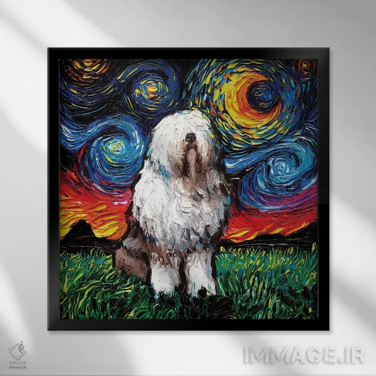 تابلو شب سگ گله انگلیسی اثر آجا تریر - نمای قابدار مشکی