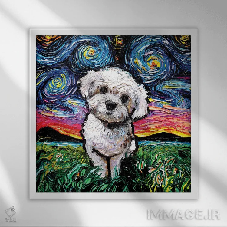 تابلو شب مالتیپو (ترکیب مالتیز و پودل) اثر آجا تریر - نمای قابدار سفید