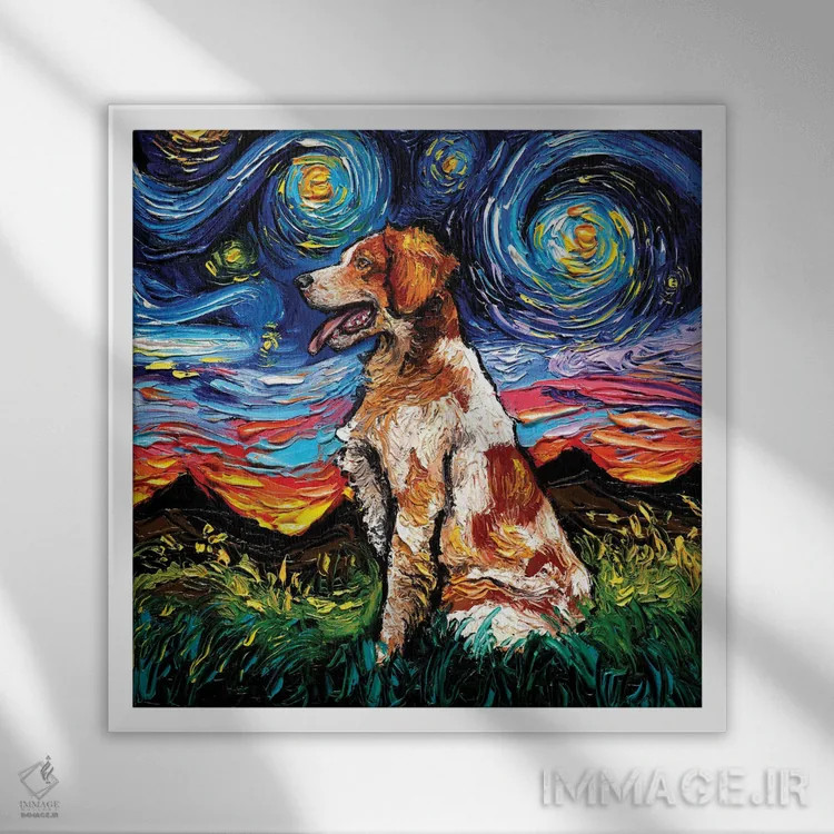 تابلو شب اسپانیل بریتانیایی اثر آجا تریر - نمای قابدار سفید