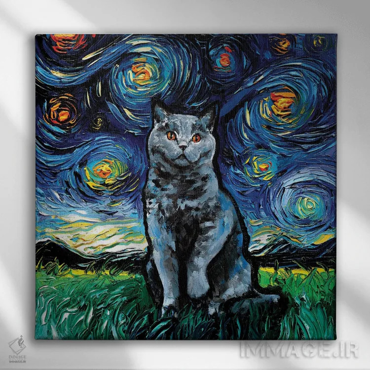 تابلو شب بریتیش شورتهیر آبی (گربه بریتانیایی) اثر آجا تریر - نمای روبهرو روی دیوار
