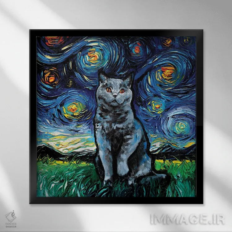 تابلو شب بریتیش شورتهیر آبی (گربه بریتانیایی) اثر آجا تریر - نمای قابدار مشکی