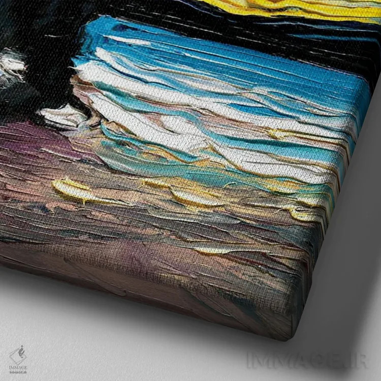 تابلو شب گربه تاکسیدو با چشمهای سبز اثر آجا تریر - نمای نزدیک بافت بوم