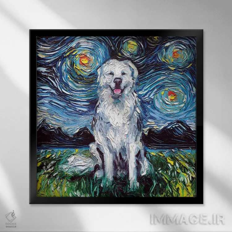 تابلو شب گری پیرینی (سگ کوهستان پیرنه) اثر آجا تریر - نمای قابدار مشکی