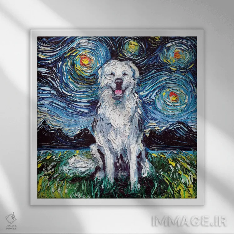 تابلو شب گری پیرینی (سگ کوهستان پیرنه) اثر آجا تریر - نمای قابدار سفید