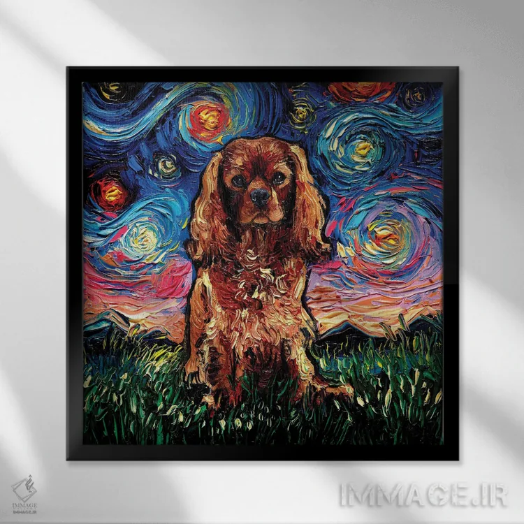 تابلو شب اسپانیل کاوالیر کینگ چارلز با رنگ یاقوتی اثر آجا تریر - نمای قابدار مشکی