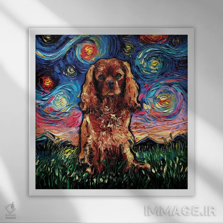 تابلو شب اسپانیل کاوالیر کینگ چارلز با رنگ یاقوتی اثر آجا تریر - نمای قابدار سفید