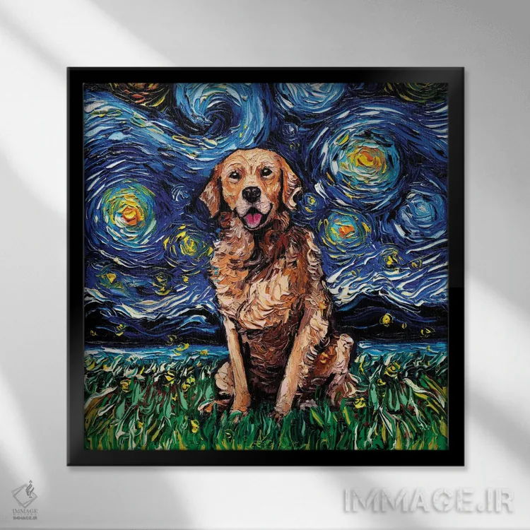 تابلو شب گلدن رتریور (پوشش تیره) اثر آجا تریر - نمای قابدار مشکی