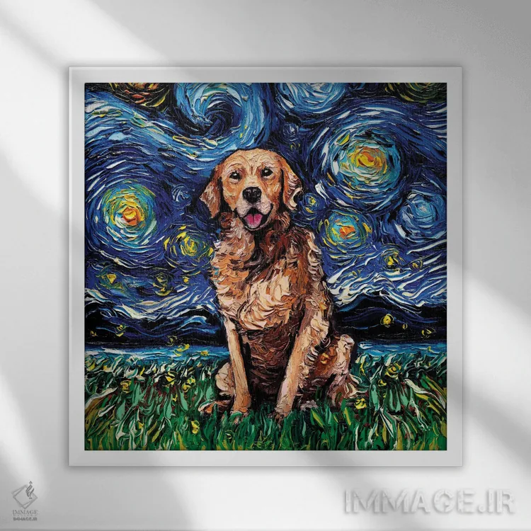 تابلو شب گلدن رتریور (پوشش تیره) اثر آجا تریر - نمای قابدار سفید