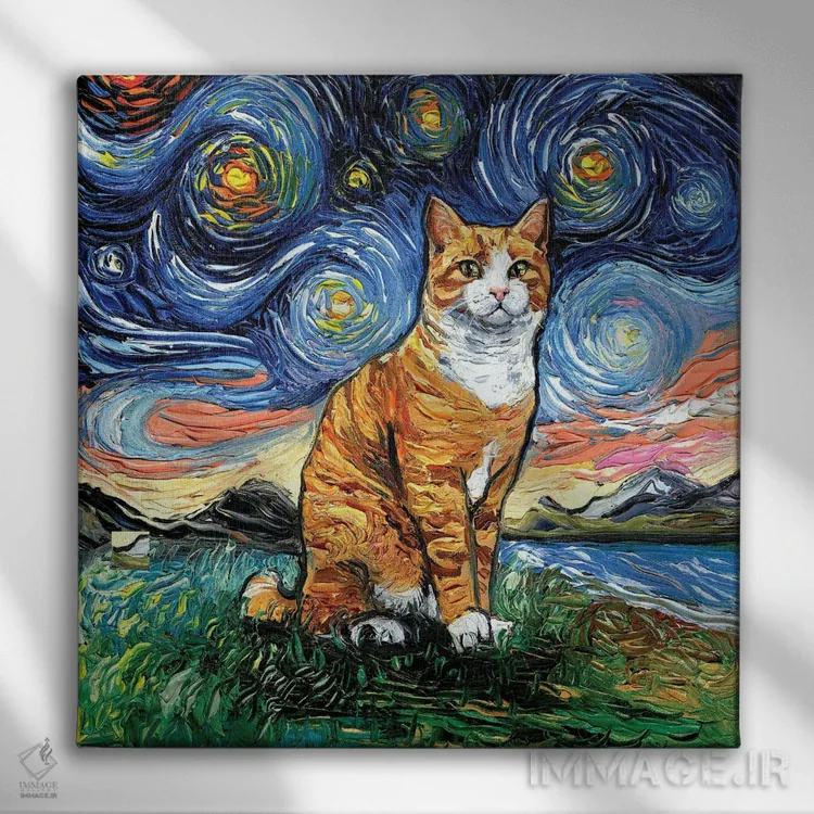 تابلو شب گربه تاکسیدوی نارنجی و تابی اثر آجا تریر - نمای روبهرو روی دیوار