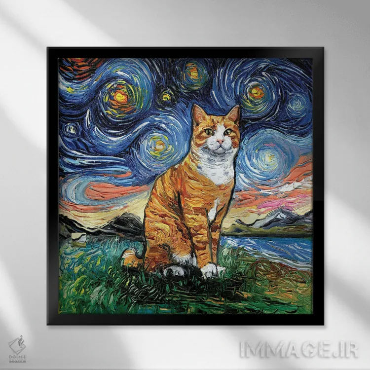 تابلو شب گربه تاکسیدوی نارنجی و تابی اثر آجا تریر - نمای قابدار مشکی