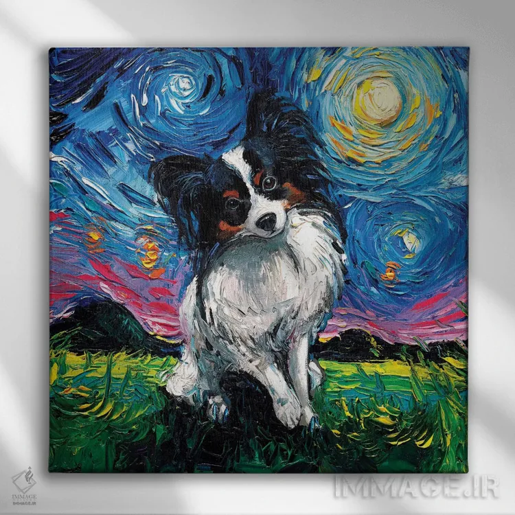 تابلو شب پاپیون (نژاد سگ) اثر آجا تریر - نمای روبهرو روی دیوار