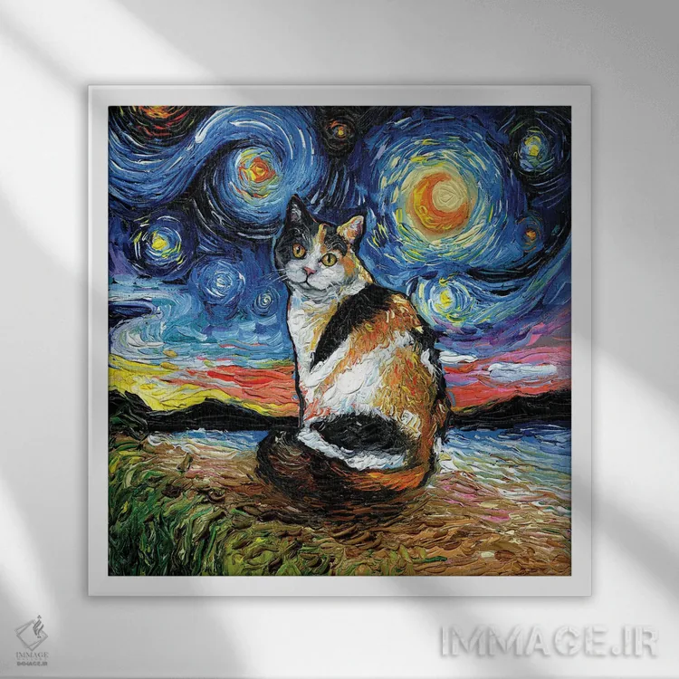 تابلو شب کالیـکو (گربه چندرنگ) اثر آجا تریر - نمای قابدار سفید