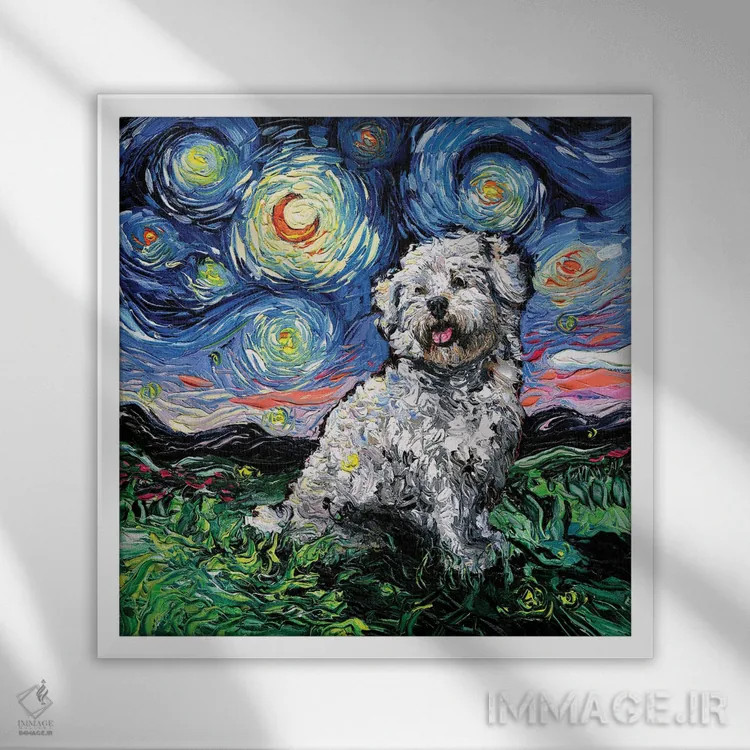 تابلو شب کتون دو تولیار (سگ فرانسوی) اثر آجا تریر - نمای قابدار سفید