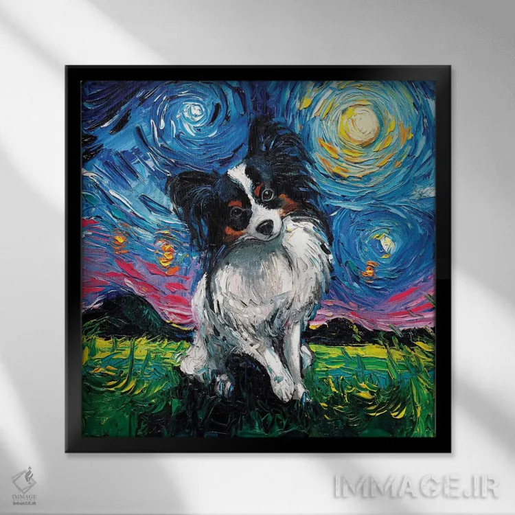 تابلو شب پاپیون (نژاد سگ) اثر آجا تریر - نمای قابدار مشکی