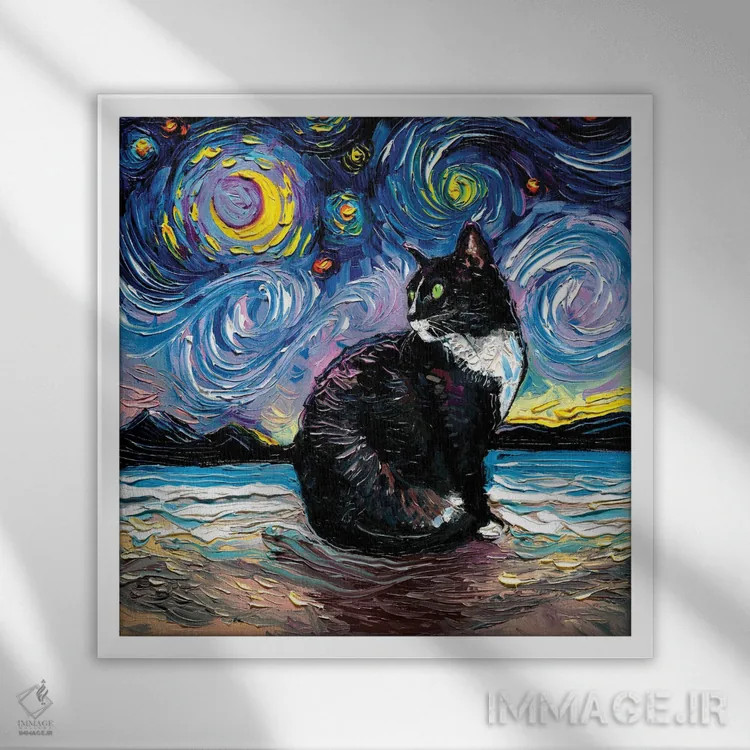 تابلو شب دوم گربه تاکسیدو اثر آجا تریر - نمای قابدار سفید