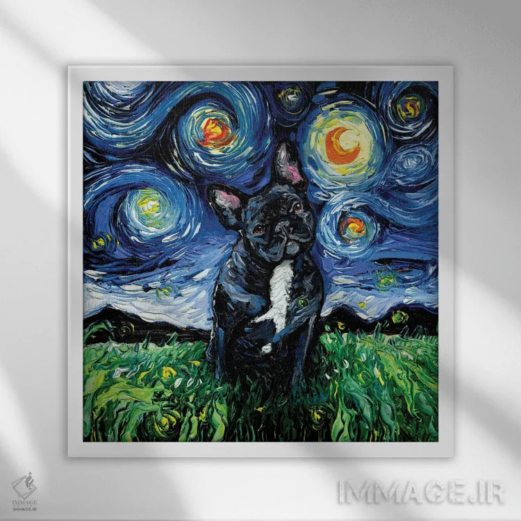 تابلو شب بولداگ فرانسوی سیاه و سفید اثر آجا تریر - نمای قابدار سفید