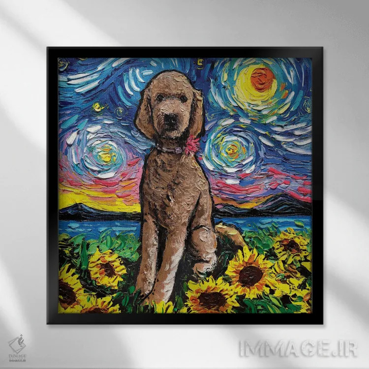 تابلو شب گولدندودل قهوهای (با گل آفتابگردان) اثر آجا تریر - نمای قابدار مشکی