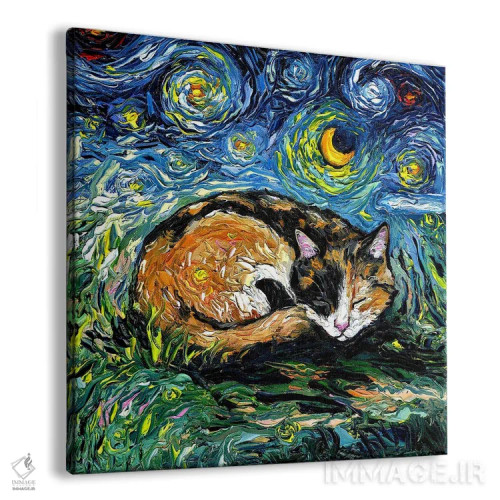 تابلو شب خوابآلود گربه کالیکو اثر آجا تریر - نمای پرسپکتیو محصول