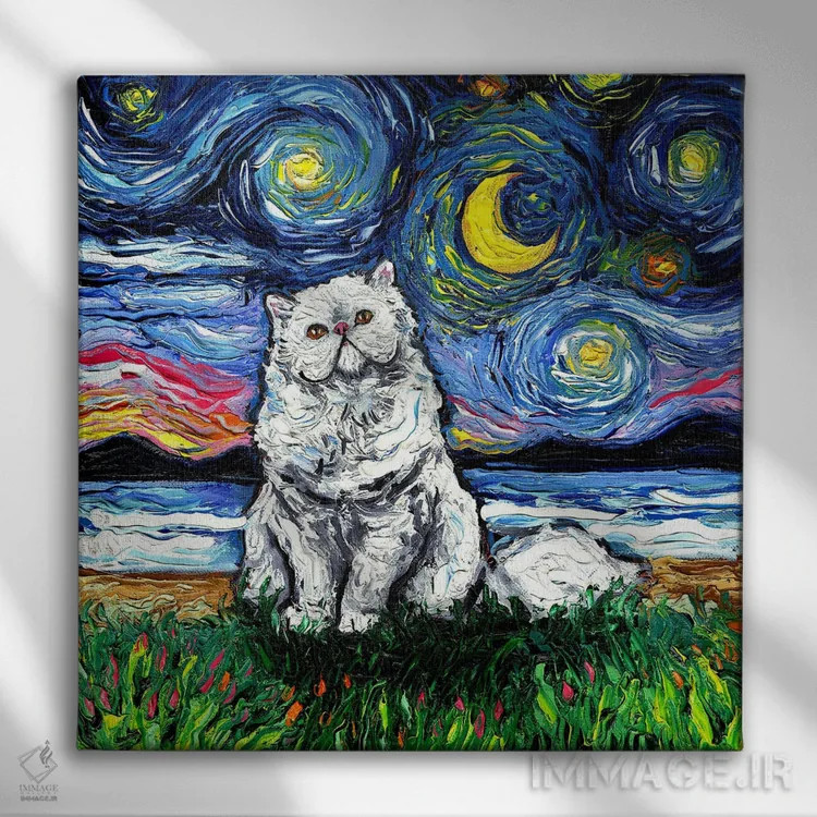 تابلو شب ایرانی سفید (گربه ایرانی) اثر آجا تریر - نمای روبهرو روی دیوار