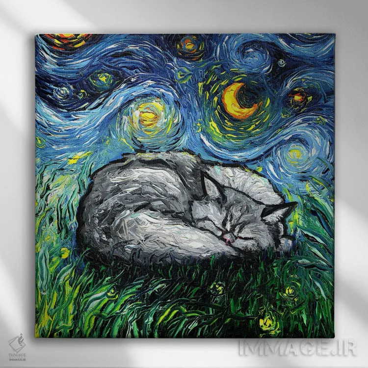 تابلو شب خوابآلود گربه ایرانی اثر آجا تریر - نمای روبهرو روی دیوار