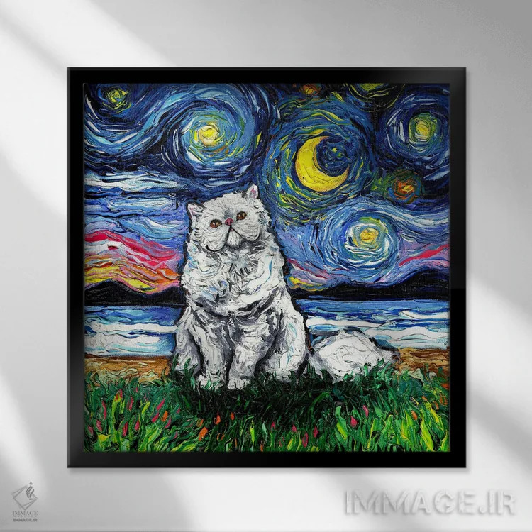 تابلو شب ایرانی سفید (گربه ایرانی) اثر آجا تریر - نمای قابدار مشکی