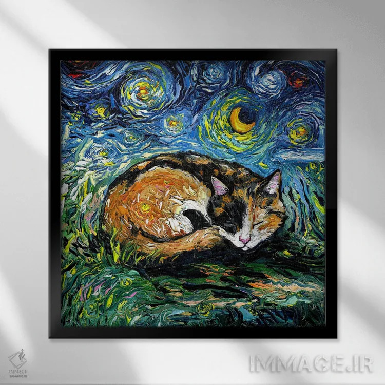 تابلو شب خوابآلود گربه کالیکو اثر آجا تریر - نمای قابدار مشکی