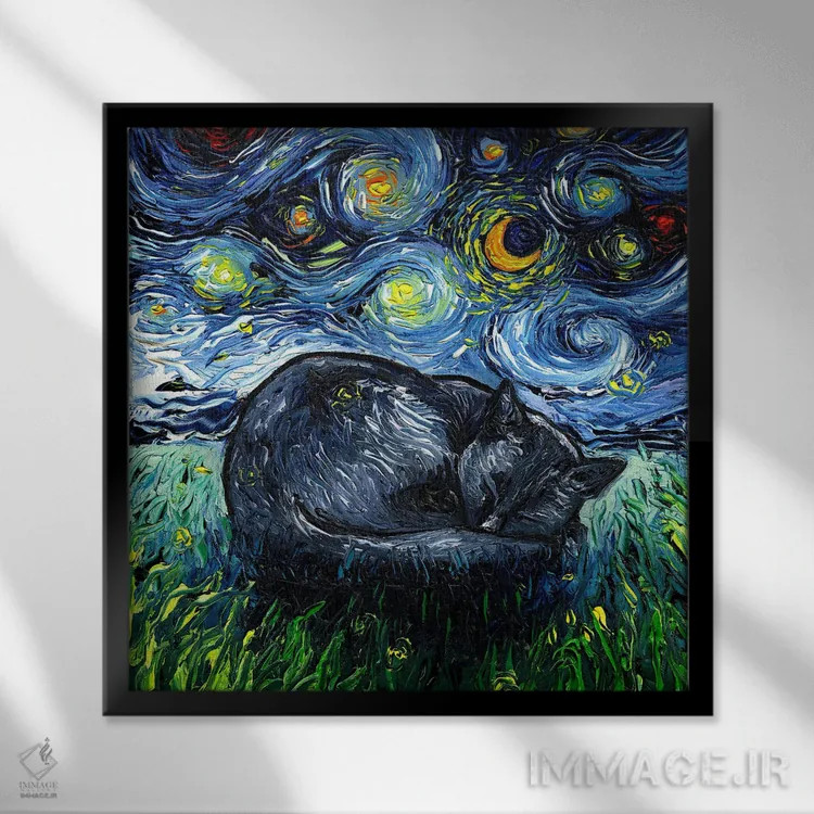 تابلو شب خوابآلود گربه سیاه اثر آجا تریر - نمای قابدار مشکی