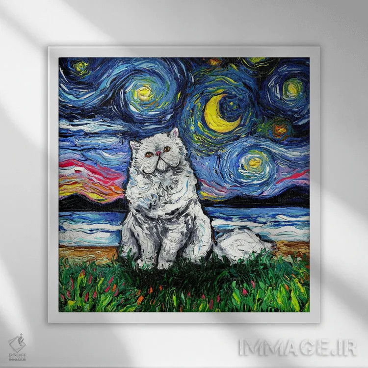 تابلو شب ایرانی سفید (گربه ایرانی) اثر آجا تریر - نمای قابدار سفید