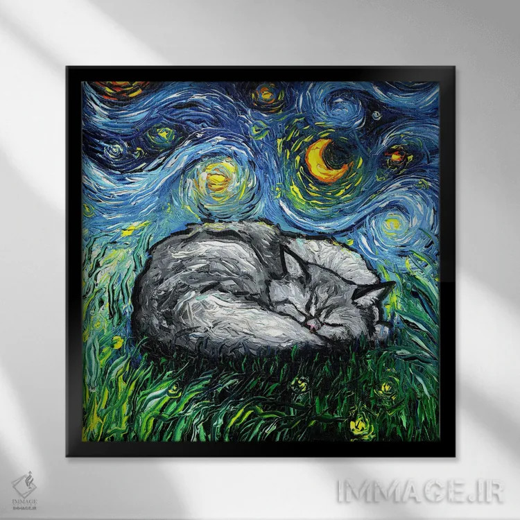 تابلو شب خوابآلود گربه ایرانی اثر آجا تریر - نمای قابدار مشکی