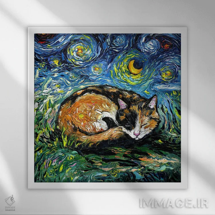 تابلو شب خوابآلود گربه کالیکو اثر آجا تریر - نمای قابدار سفید