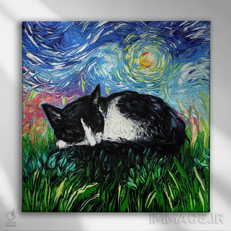 تابلو شب خوابآلود بچهگربه تاکسیدو اثر آجا تریر - نمای روبهرو روی دیوار