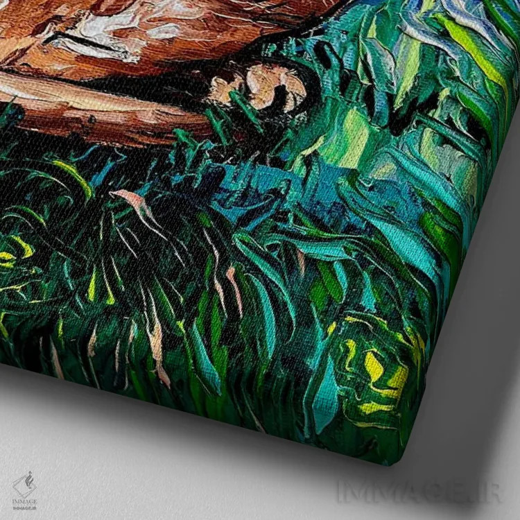 تابلو شب خوابآلود گربه آبسینی اثر آجا تریر - نمای نزدیک بافت بوم