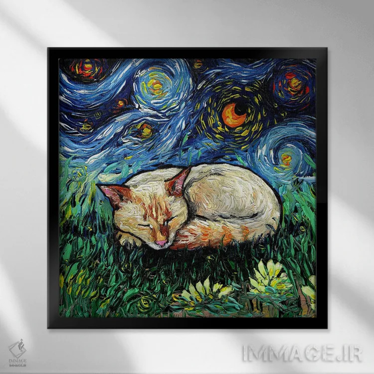 تابلو شب خوابآلود گربه سیامی فلیم پوینت اثر آجا تریر - نمای قابدار مشکی