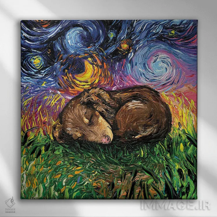 تابلو شب خوابآلود توله داشهوند قهوهای اثر آجا تریر - نمای روبهرو روی دیوار