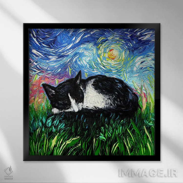 تابلو شب خوابآلود بچهگربه تاکسیدو اثر آجا تریر - نمای قابدار مشکی