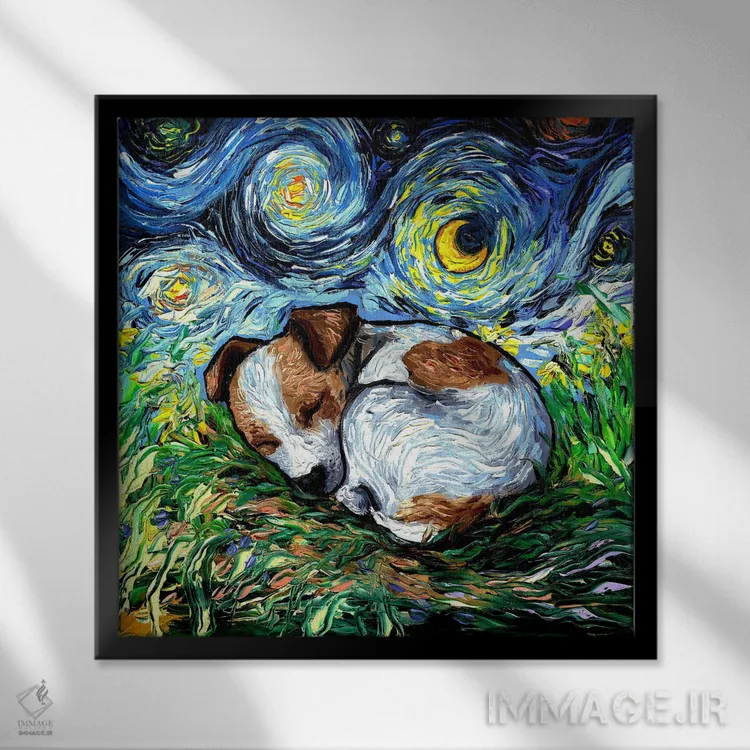 تابلو شب خوابآلود توله جک راسل اثر آجا تریر - نمای قابدار مشکی