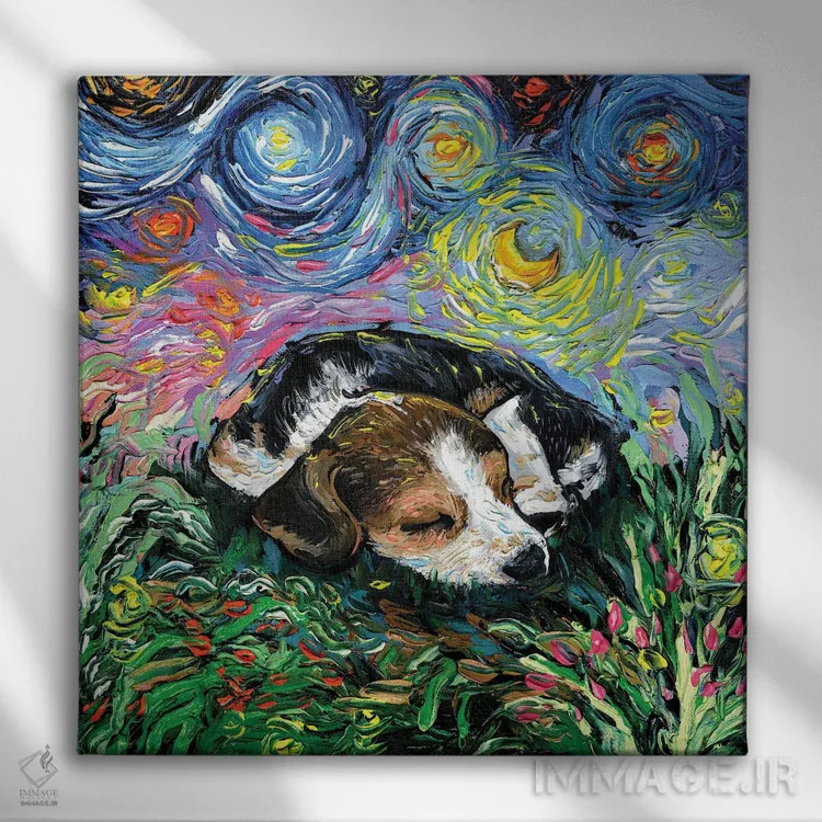 تابلو شب خوابآلود توله بیگل اثر آجا تریر - نمای روبهرو روی دیوار