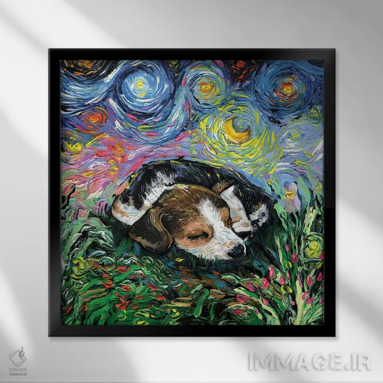 تابلو شب خوابآلود توله بیگل اثر آجا تریر - نمای قابدار مشکی