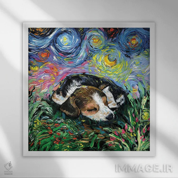 تابلو شب خوابآلود توله بیگل اثر آجا تریر - نمای قابدار سفید