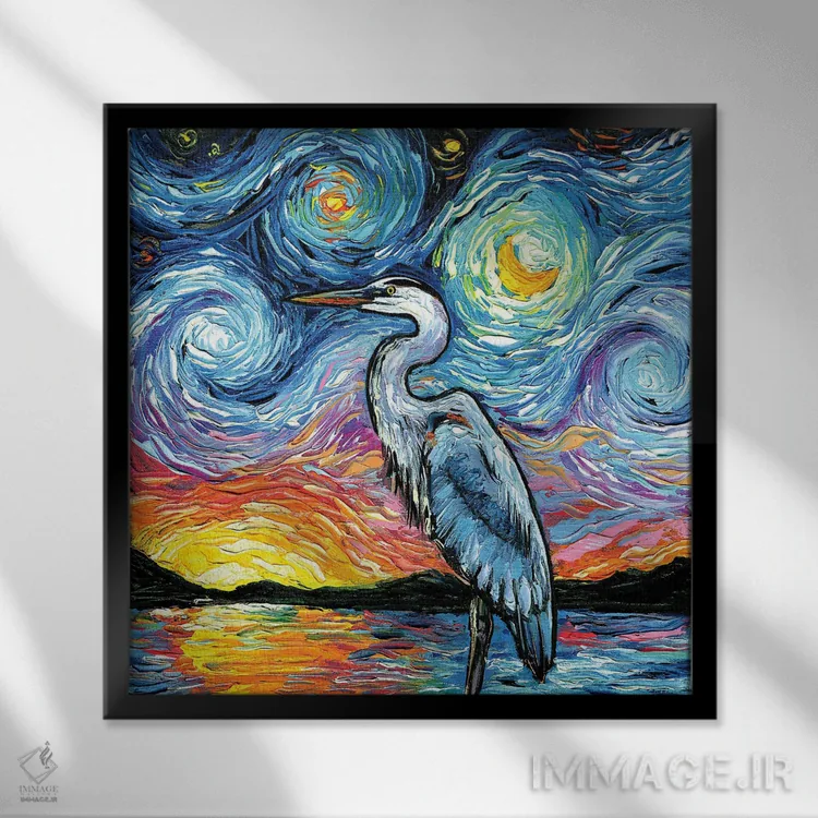 تابلو حواصیل آبی اثر آجا تریر - نمای قابدار مشکی