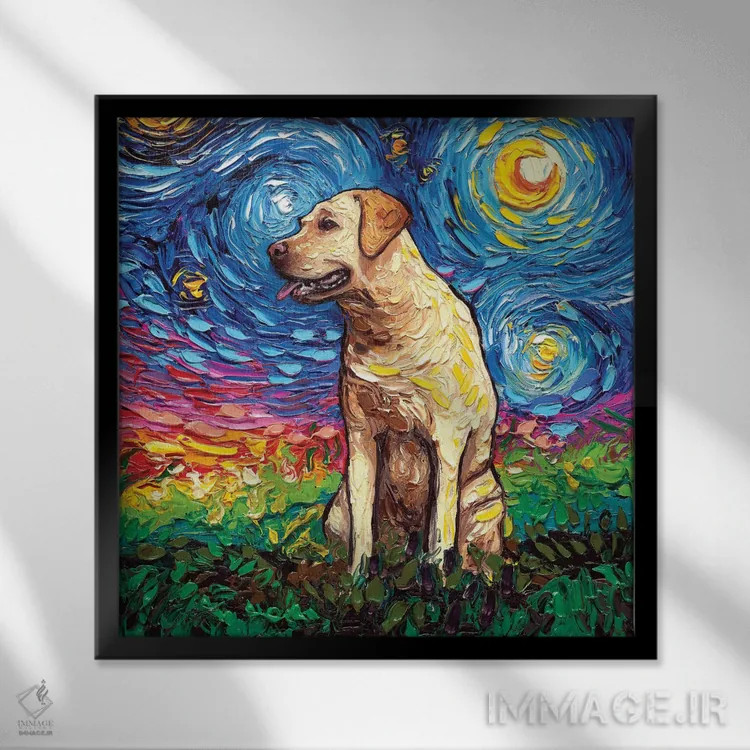 تابلو شب لابرادور زرد ۲ اثر آجا تریر - نمای قابدار مشکی