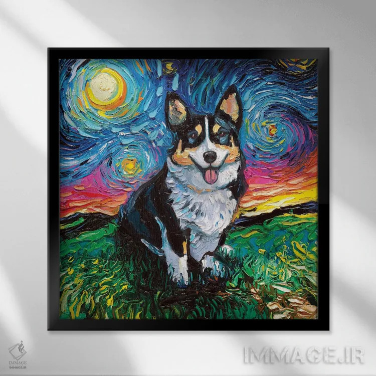 تابلو شب کورگی سهرنگ اثر آجا تریر - نمای قابدار مشکی