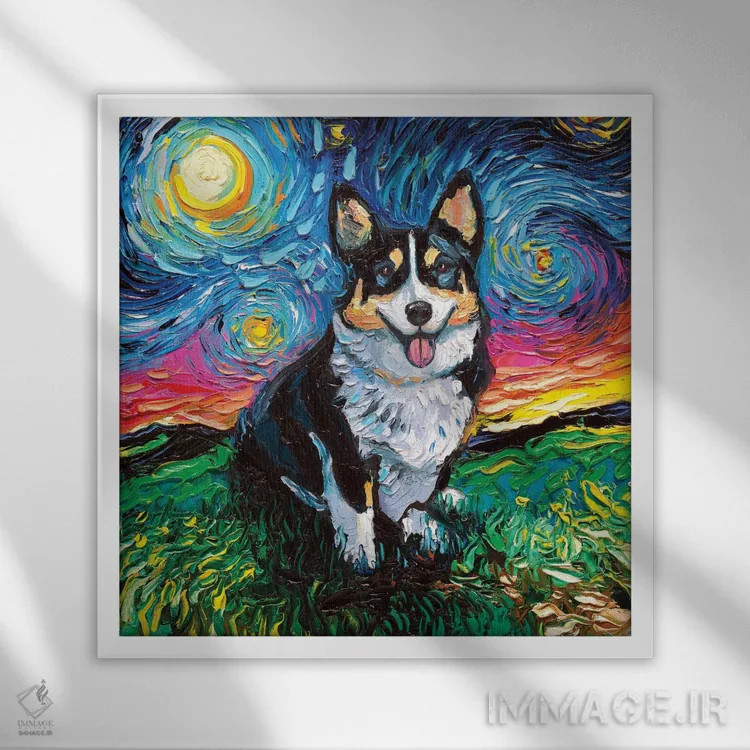 تابلو شب کورگی سهرنگ اثر آجا تریر - نمای قابدار سفید