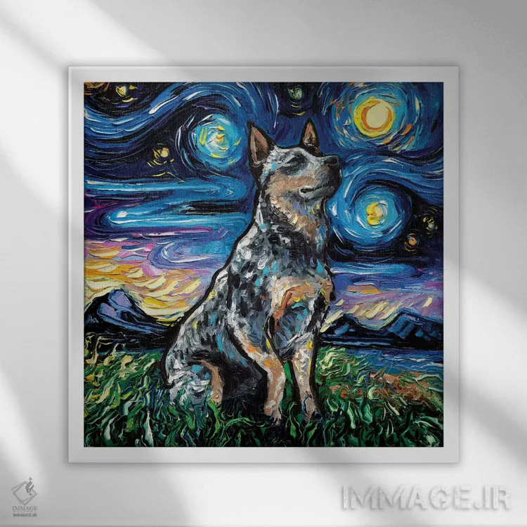 تابلو شب بلو هیلر (نژاد سگ) اثر آجا تریر - نمای قابدار سفید