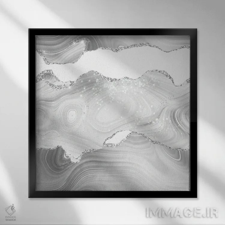 تابلو بافت عقیق نقرهای سفید براق شماره ۶ اثر آلوک دیزاین - نمای قابدار مشکی